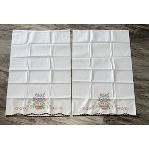 Set Of 2 Vintage MCM Cottage Embroidered Cross Stitch Pillowcase Flowers Vase